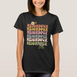 Retro Groovy Nachbarschaftsworte mit Blume und T-Shirt