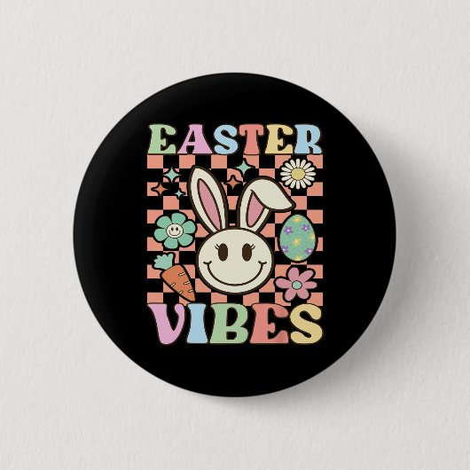 Retro Groovy Oaster Vibes Bunny Checkered Lmile Wo Button (Vorderseite)