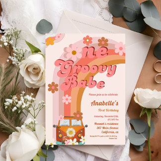 Retro Groovy one Daisy Blume Geburtstagsparty Einladung