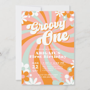 Retro Groovy One erster Geburtstag Einladung