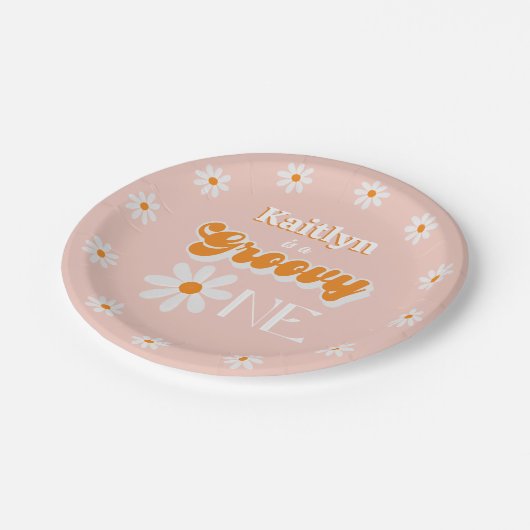 Retro Groovy One Girls 1st Birthday Pappteller (Schrägansicht)