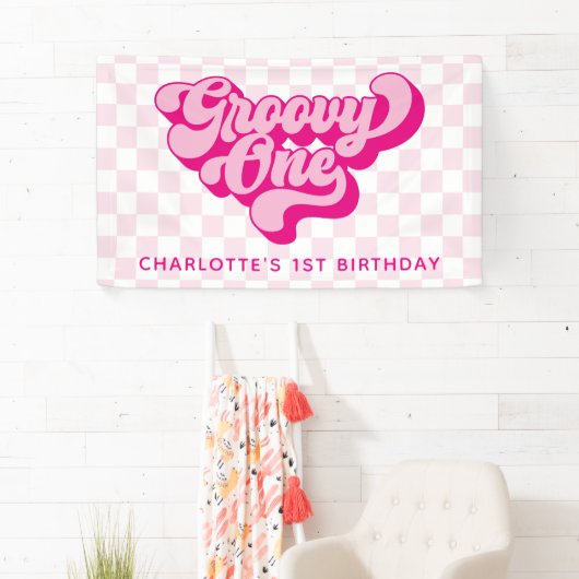 Retro Groovy One Pink and White Karo Banner (Insitu)