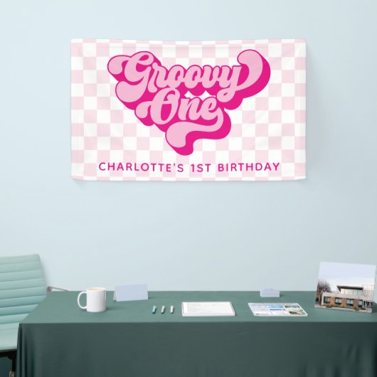 Retro Groovy One Pink and White Karo Banner (Messeveranstaltung)