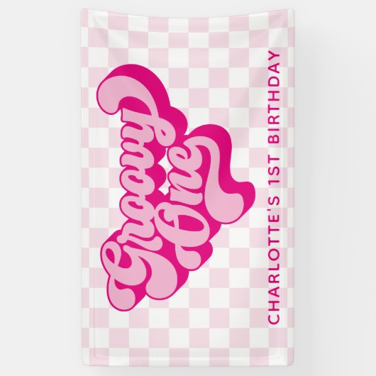 Retro Groovy One Pink and White Karo Banner (Vertikal)