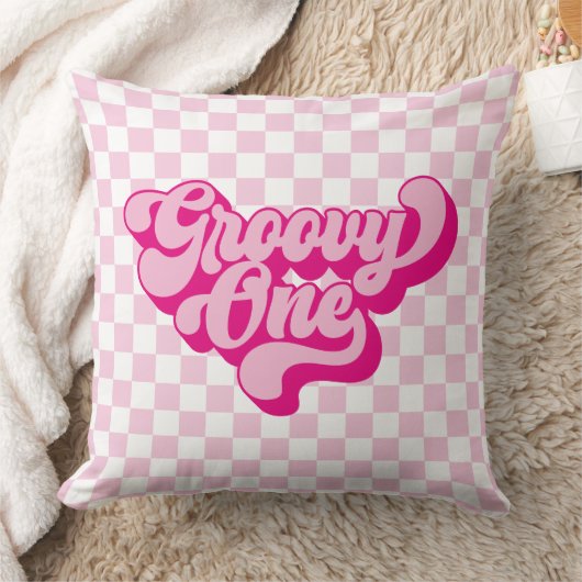 Retro Groovy One Pink and White Karo Kissen (Decke)