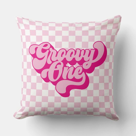 Retro Groovy One Pink and White Karo Kissen (Vorderseite)