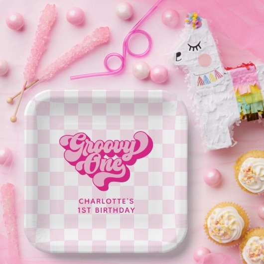 Retro Groovy One Pink and White Karo Pappteller (Party)