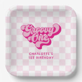 Retro Groovy One Pink and White Karo Pappteller (Vorderseite)