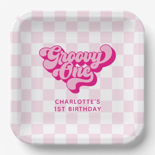 Retro Groovy One Pink and White Karo Pappteller (Vorderseite)