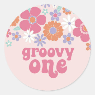 Retro Groovy One Pink Blumenmuster Runder Aufkleber