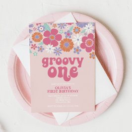 Retro Groovy One Pink Floral Einladung