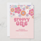Retro Groovy One Pink Floral Einladung (Vorderseite)