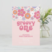 Retro Groovy One Pink Floral Einladung (Stehend Vorderseite)