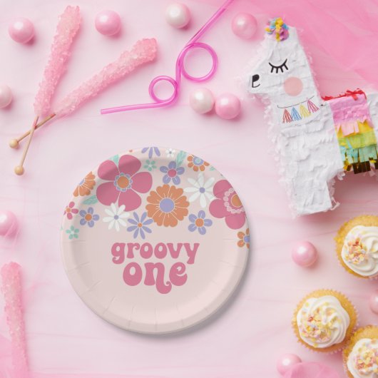 Retro Groovy One Pink Floral Pappteller (Party)