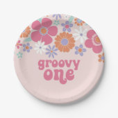 Retro Groovy One Pink Floral Pappteller (Vorderseite)