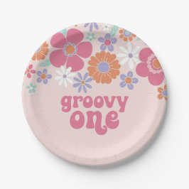 Retro Groovy One Pink Floral Pappteller