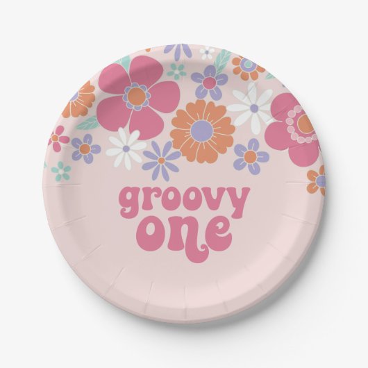Retro Groovy One Pink Floral Pappteller (Vorderseite)