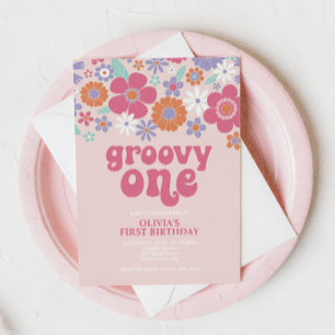 Retro Groovy One Pink Florale Einladung