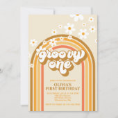 Retro Groovy One Rainbow Brown Orange Birthday Einladung (Vorderseite)