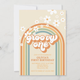 Retro Groovy One Rainbow Brown Orange Birthday Inv Einladung