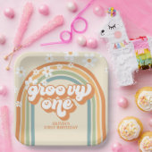 Retro Groovy One Rainbow Brown Orange Birthday Pappteller (Party)