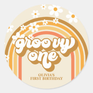 Retro Groovy One Rainbow Brown Orange Birthday Runder Aufkleber