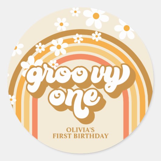 Retro Groovy One Rainbow Brown Orange Birthday Runder Aufkleber (Vorderseite)