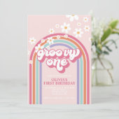 Retro Groovy One Rainbow Pink Einladung (Stehend Vorderseite)