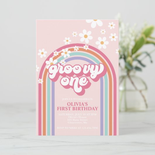 Retro Groovy One Rainbow Pink Einladung (Stehend Vorderseite)