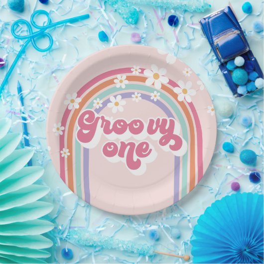 Retro Groovy One Rainbow Pink Pappteller (Party)