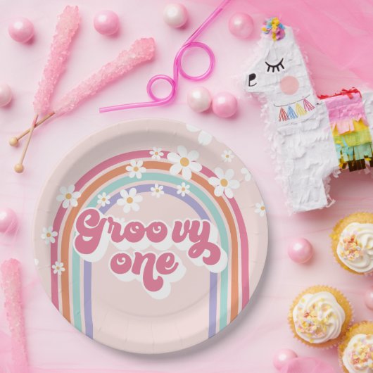 Retro Groovy One Rainbow Pink Pappteller (Party)