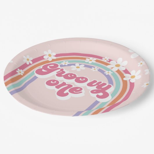 Retro Groovy One Rainbow Pink Pappteller (Schrägansicht)