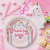 Retro Groovy One Regenbogen Pink Pappteller (Party)