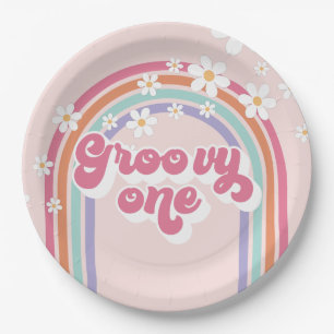 Retro Groovy One Regenbogen Pink Pappteller