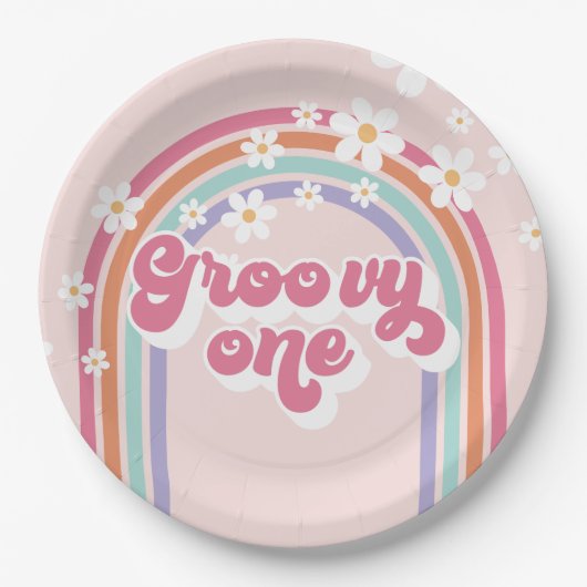 Retro Groovy One Regenbogen Pink Pappteller (Vorderseite)