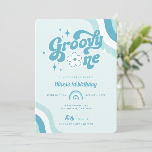 Retro Groovy One Wavy Boy Einladung zum 1. Geburts (Stehend Vorderseite)