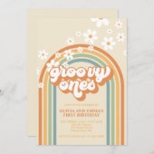 Retro Groovy Ones Rainbow Twin Birthday Einladung (Vorne/Hinten)