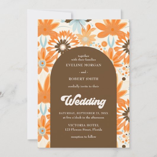 Retro Groovy orange braune und blaue Blütenbogen Einladung (Vorderseite)