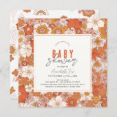 Retro Groovy Orange Floral Girl Babydusche Einladung (Vorne/Hinten)