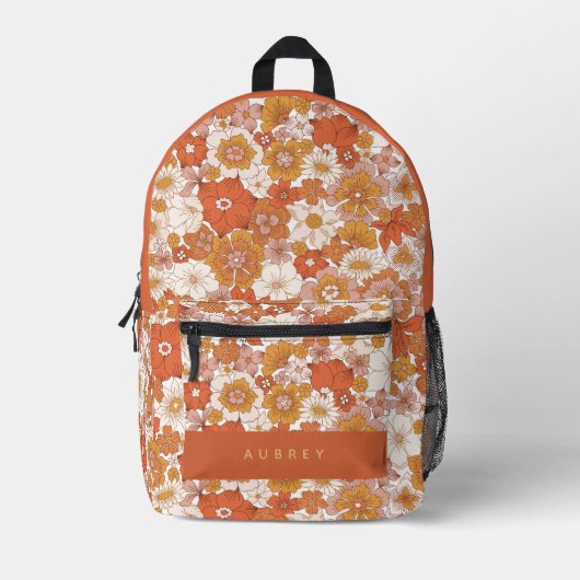 Retro Groovy Orange Floral Girl Bedruckter Rucksack (Vorderseite)