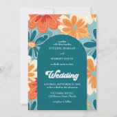 Retro Groovy orange gelbe und blaue Blütenbogen Einladung (Vorderseite)