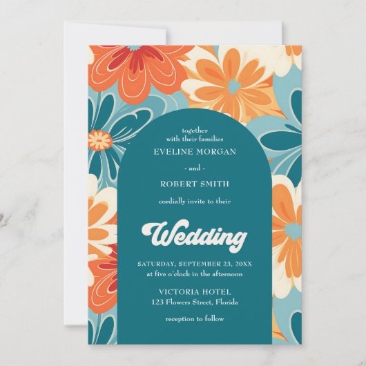 Retro Groovy orange gelbe und blaue Blütenbogen Einladung (Vorderseite)