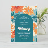 Retro Groovy orange gelbe und blaue Blütenbogen Einladung (Stehend Vorderseite)