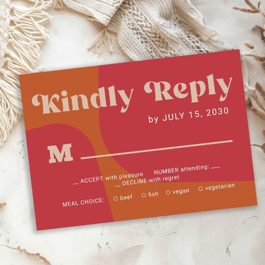 Retro groovy orange red bold typography wedding RSVP karte