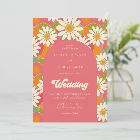 Retro Groovy Orange Rosa und Weiß Disien Einladung (Stehend Vorderseite)
