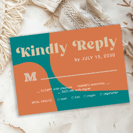Retro groovy orange teal bold typography wedding RSVP karte