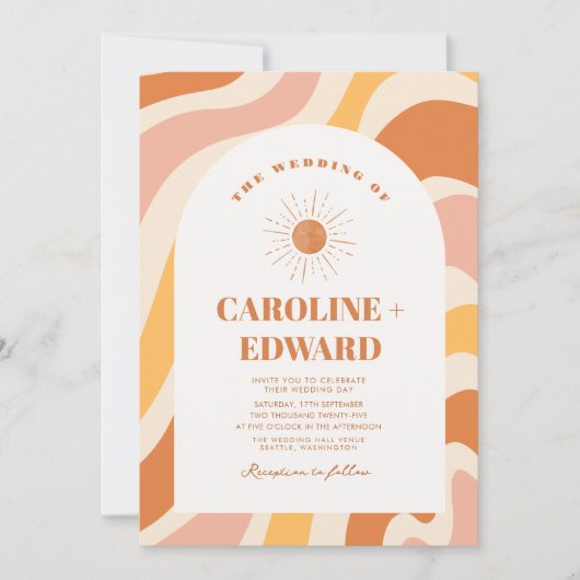 Retro Groovy Orange Wavy Boho Wedding Qr Code Einladung (Vorderseite)