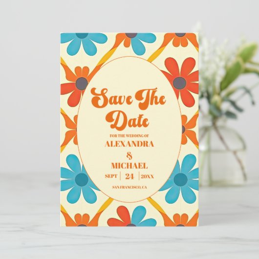 Retro Groovy Orange Wedding Save The Date (Stehend Vorderseite)