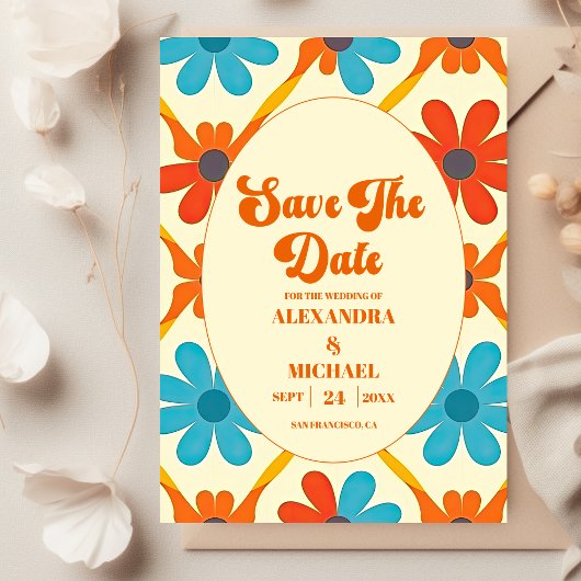 Retro Groovy Orange Wedding Save The Date