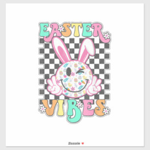 Retro Groovy Oster-Vibes Hase Kariert Lächeln Wo Aufkleber